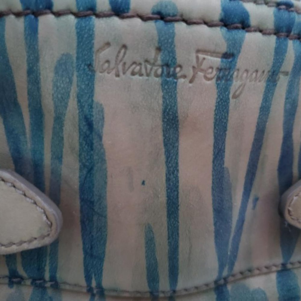 Ferragamo leather tote bag painted XL purse gray green brown beige blue stripes - Picture 2 of 16